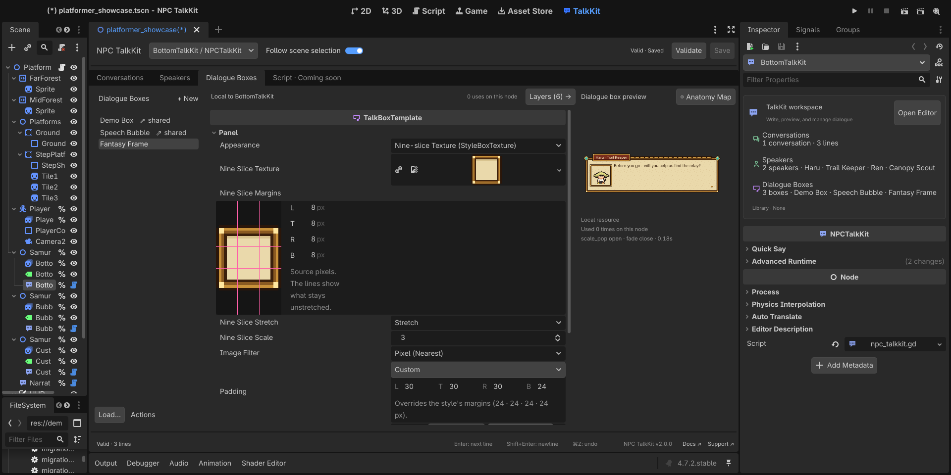 Three-pane Dialogue Boxes manager with task-oriented properties, live runtime preview, scope and usage
